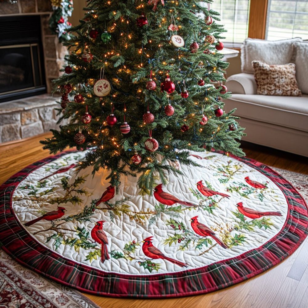 Winter Garden Cardinals Christmas Tree Skirt – Handcrafted Botanical Holiday Decor, Custom Sizes & Heirloom Quality
