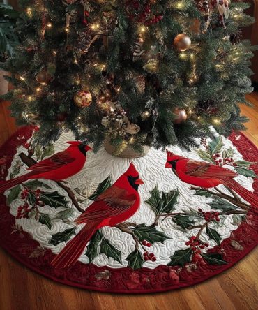 Cardinal Meadow Holiday Tree Skirt — Handcrafted Quilted Meadow Scene With Cardinals, Custom Christmas Base, Elegant Festive Decor