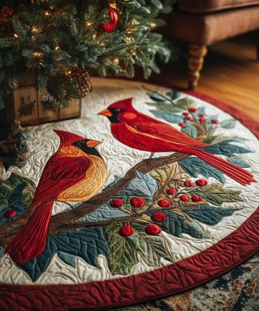 Rustic Tree Hollow Cardinal Pair Christmas Skirt – Handcrafted Woodland Holiday Decor, Personalized & Durable