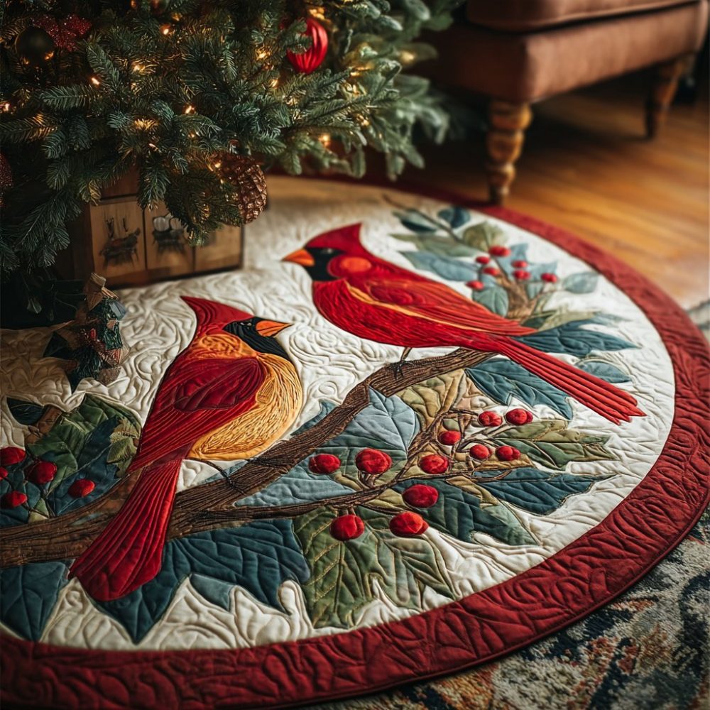 Rustic Tree Hollow Cardinal Pair Christmas Skirt – Handcrafted Woodland Holiday Decor, Personalized & Durable