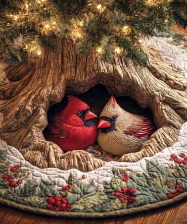 Cardinals Nesting Knot Holiday Tree Skirt – Handcrafted Nature-Inspired Christmas Decor, Custom Sizes & Personalization