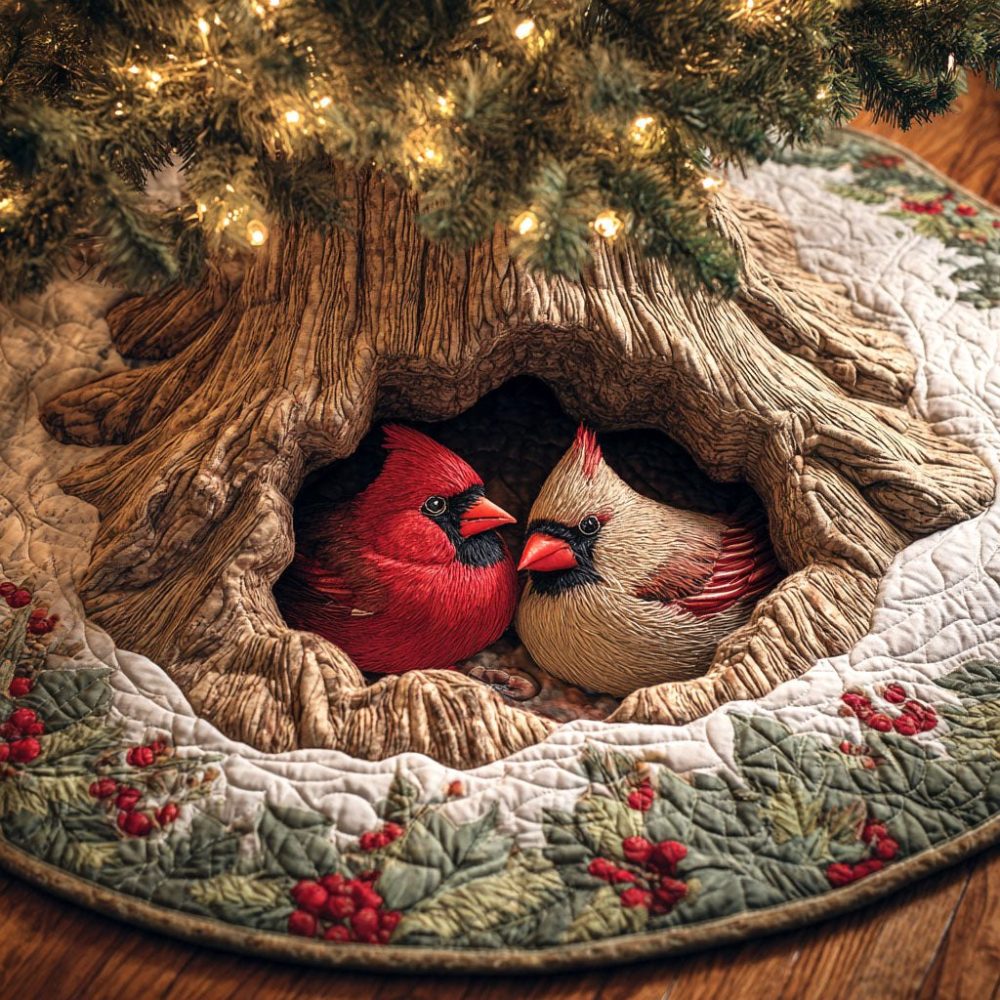 Cardinals Nesting Knot Holiday Tree Skirt – Handcrafted Nature-Inspired Christmas Decor, Custom Sizes & Personalization