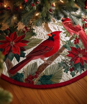 Cardinal Song Custom Tree Skirt — Handcrafted Quilted Christmas Base With Singing Cardinal Motif, Personalized Holiday Accent