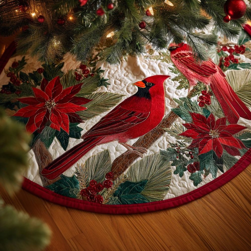Cardinal Song Custom Tree Skirt — Handcrafted Quilted Christmas Base With Singing Cardinal Motif, Personalized Holiday Accent