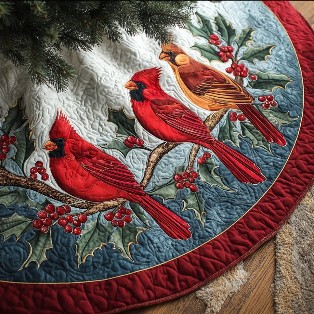 Cardinal Spirit Holiday Tree Skirt — Handcrafted Quilted Red Bird Skirt, Custom Sizes & Personalized Options For Festive Decor