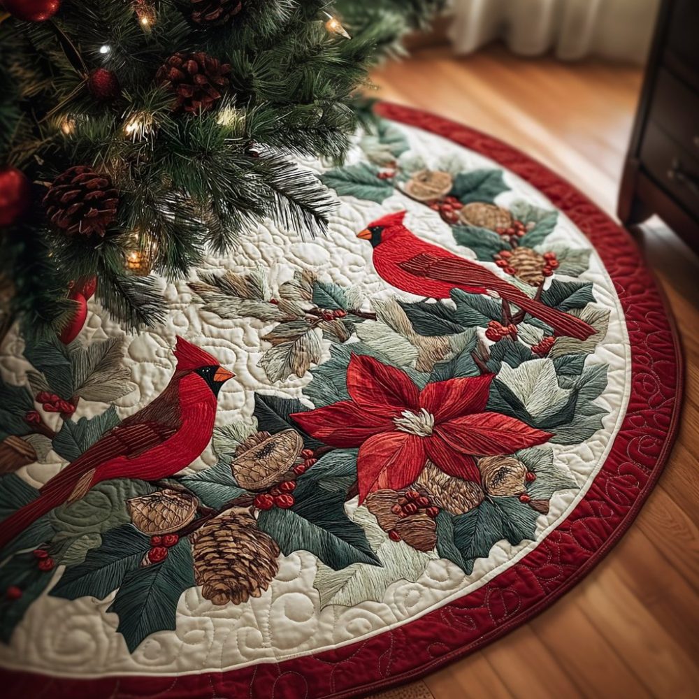 Cardinal Whisper Quilted Tree Skirt — Custom Red Bird Holiday Skirt, Handcrafted Christmas Base, Personalized Festive Accent