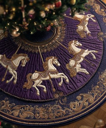 Carousel Horse Christmas Tree Skirt — Handmade Vintage Carousel Horse Holiday Skirt, Custom Quilted Design, Elegant Festive Base
