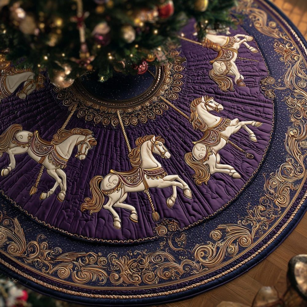 Carousel Horse Christmas Tree Skirt — Handmade Vintage Carousel Horse Holiday Skirt, Custom Quilted Design, Elegant Festive Base