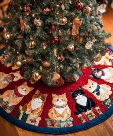 Blessed Cats Custom Christmas Skirt — Handcrafted Quilted Tree Base With Serene Cat Design, Personalized Holiday Home Accent