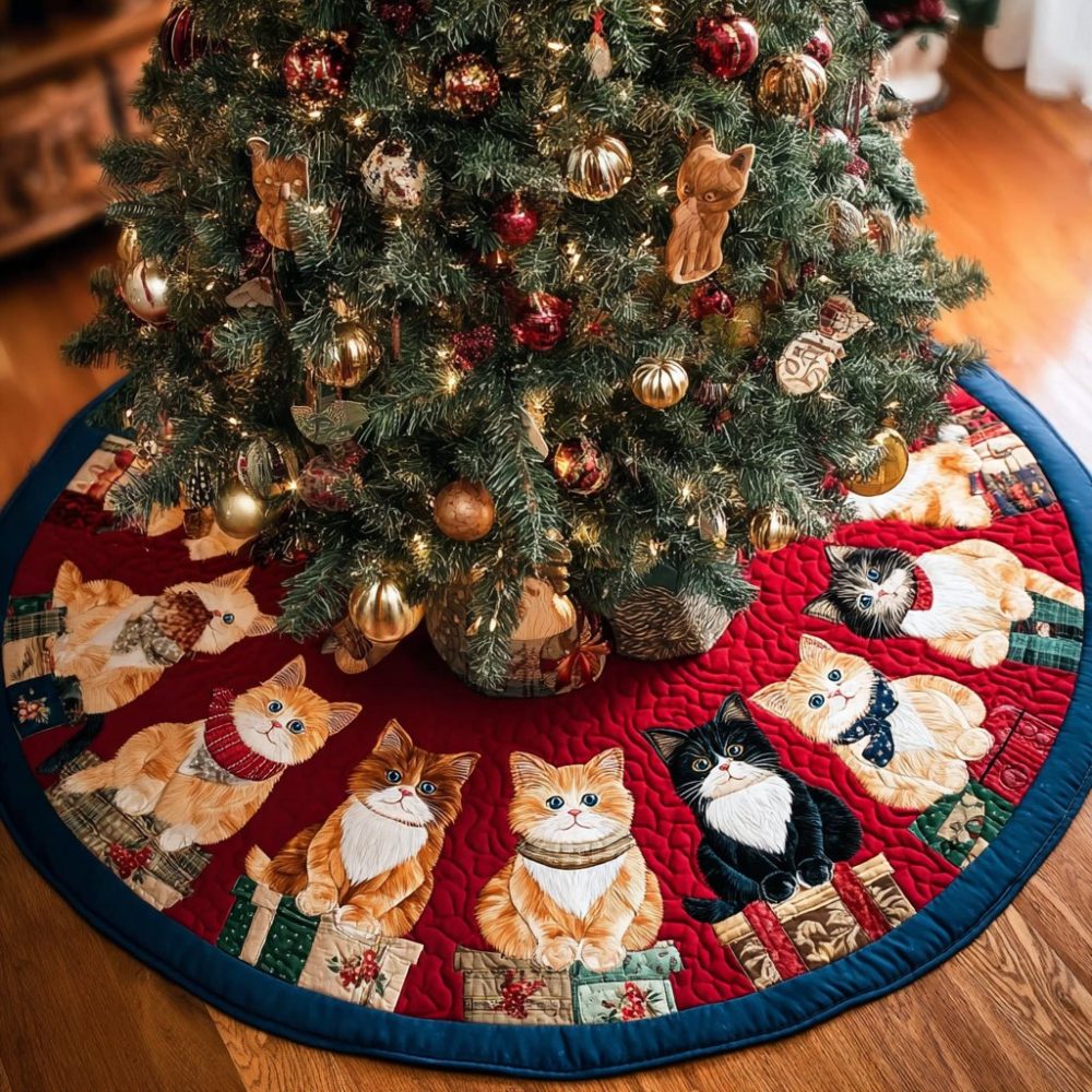 Blessed Cats Custom Christmas Skirt — Handcrafted Quilted Tree Base With Serene Cat Design, Personalized Holiday Home Accent