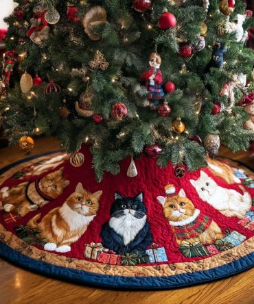 Cheerful Cat Christmas Tree Skirt — Custom Quilted Holiday Base With Festive Feline Motifs, Personalized & Machine-Friendly