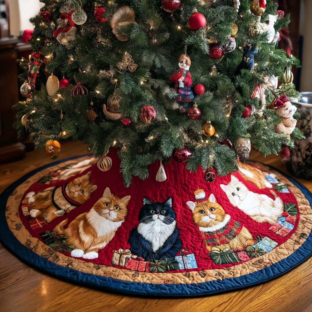 Cheerful Cat Christmas Tree Skirt — Custom Quilted Holiday Base With Festive Feline Motifs, Personalized & Machine-Friendly