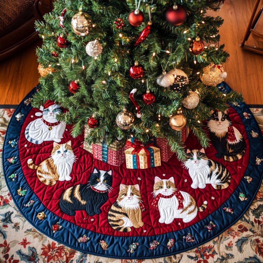 Cat Gathering Festive Tree Skirt — Custom-Made Quilted Christmas Base With Charming Cat Scene, Personalized Holiday Decor