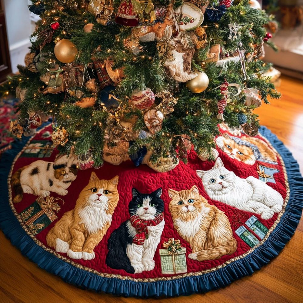 Whispering Cats Holiday Tree Skirt — Custom Quilted Christmas Accent For Cat Lovers, Personalized Fabric, Soft Warm Festive Base