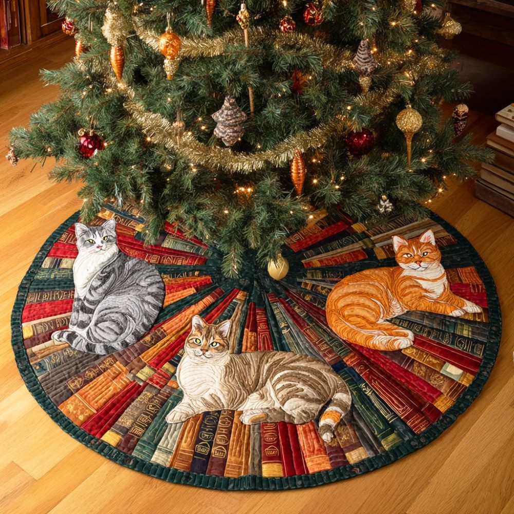Handcrafted Cat & Open Book Christmas Tree Skirt — Custom Holiday Pet Decor, Quilted Fabric, Personalized, Festive Home Accent