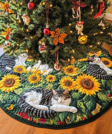 Catnap In The Sunflowers Custom Holiday Tree Skirt — Made-To-Order Sunny Floral Cat Skirt, Soft Cozy Fabric, Personalized Christmas Accent
