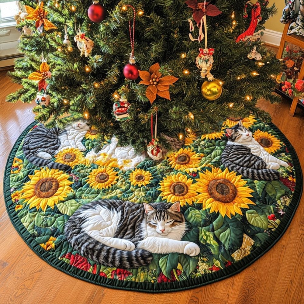 Catnap In The Sunflowers Custom Holiday Tree Skirt — Made-To-Order Sunny Floral Cat Skirt, Soft Cozy Fabric, Personalized Christmas Accent