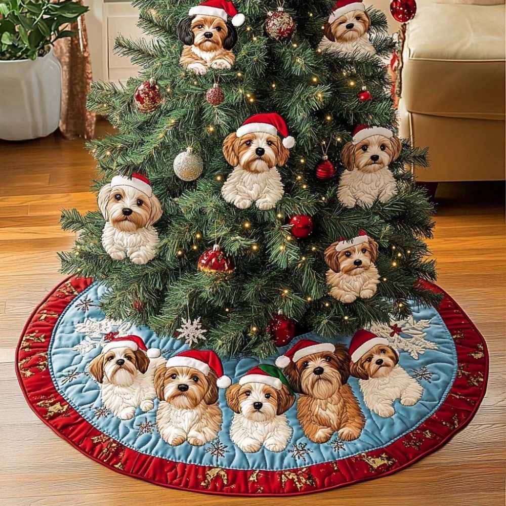 Cavapoo Adventure Personalized Tree Skirt — Made-To-Order Travel-Themed Dog Skirt, Durable Lux Fabric, Unique Christmas Gift For Pet Lovers