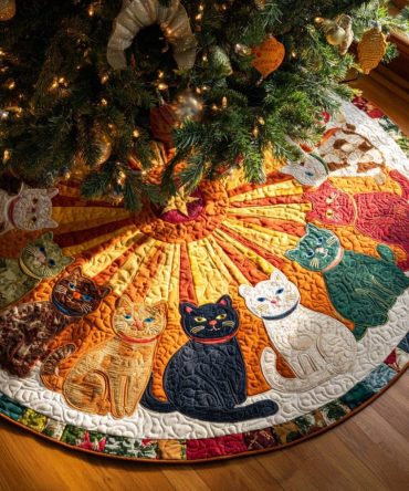 Custom Celestial Cat Holiday Tree Skirt — Handmade Cat-Themed Festive Skirt, Soft Velvet, Personalized Christmas Decor For Cat Lovers