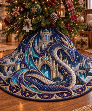 Handmade Celestial Dragon Palace Holiday Tree Skirt — Custom Luxurious Christmas Tree Skirt With Dragon Motif, Shop Now