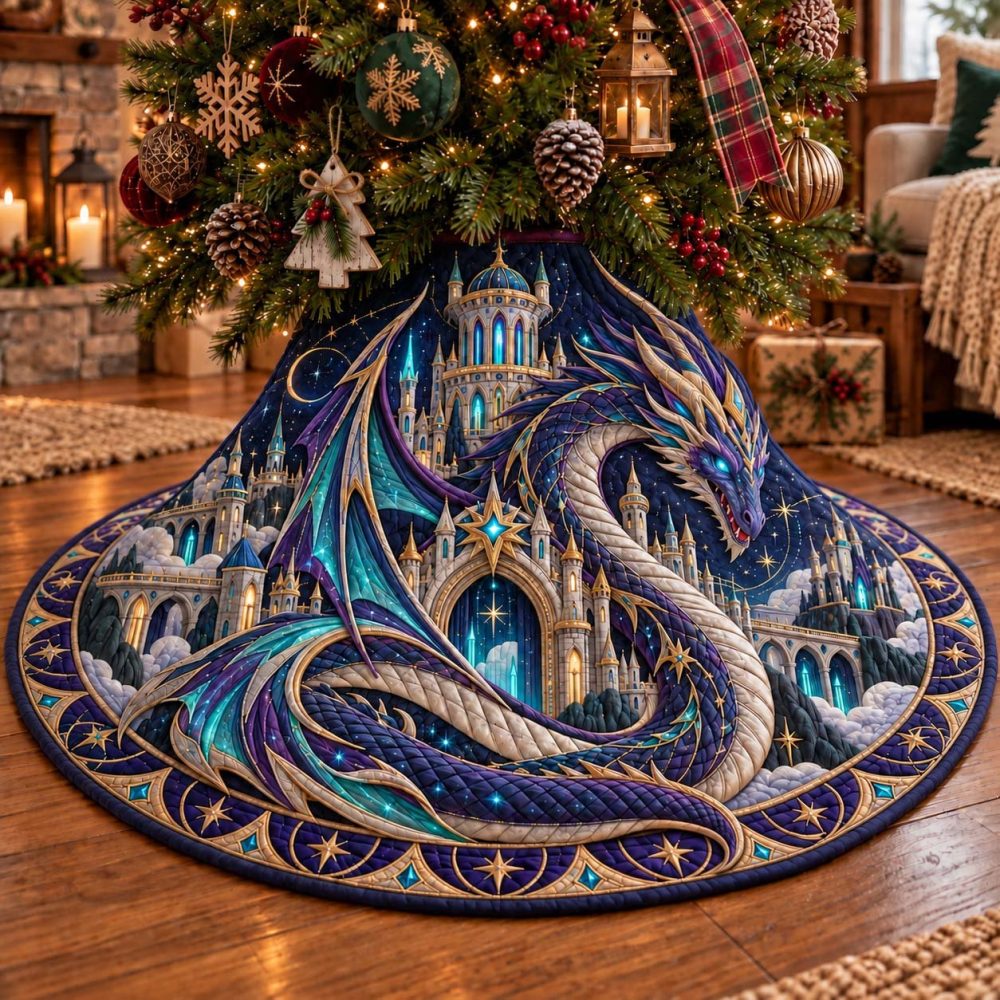 Handmade Celestial Dragon Palace Holiday Tree Skirt — Custom Luxurious Christmas Tree Skirt With Dragon Motif, Shop Now