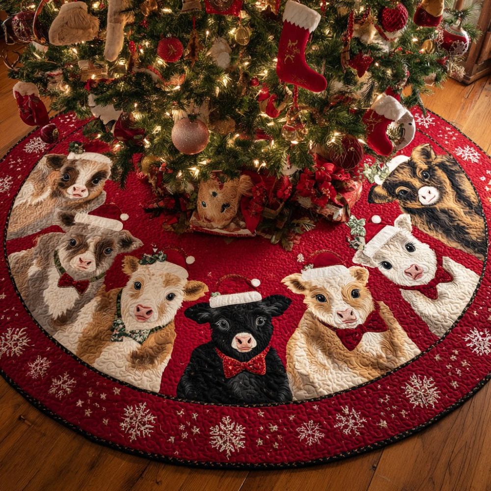 Heritage Highland Cow Tree Skirt — Custom Scottish Cow Christmas Skirt, Plush Fabric With Quilted Backing & Rustic Trim