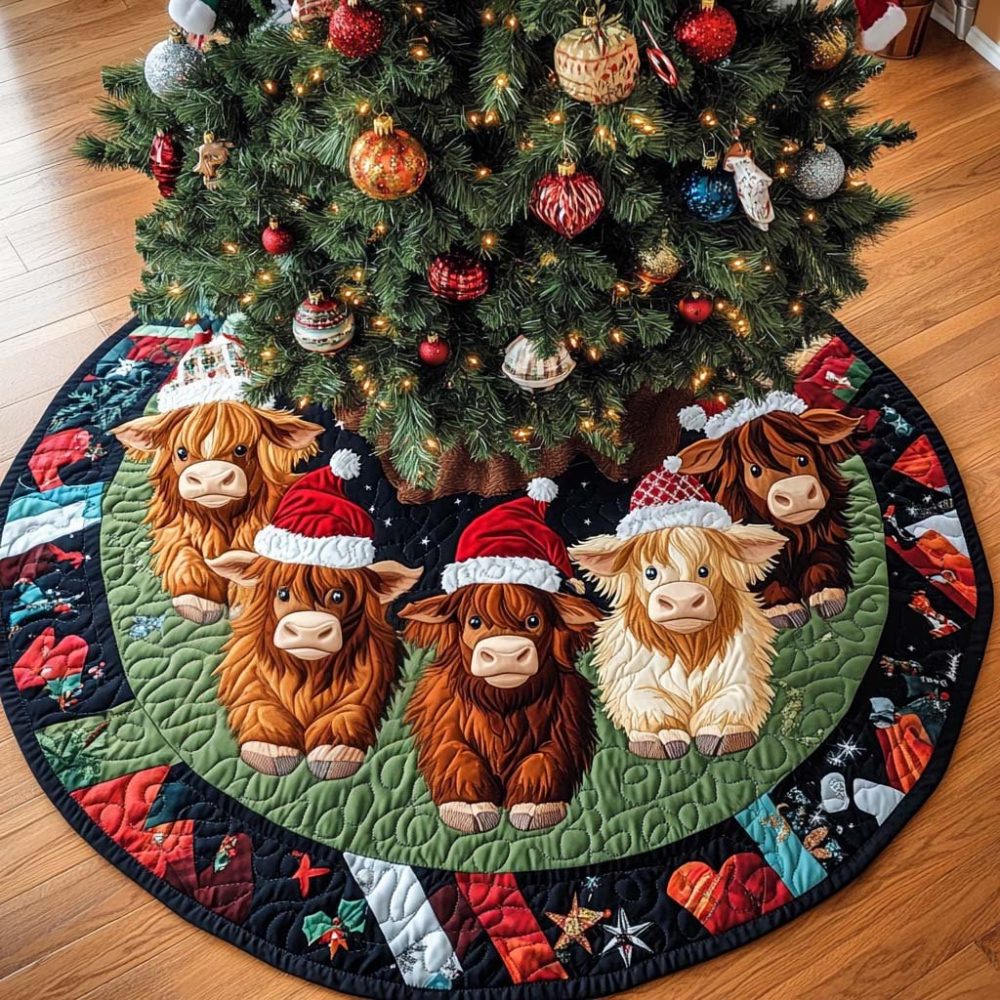 Countryside Calf Gathering Tree Skirt — Custom Cow & Calf Christmas Skirt, Soft Printed Fabric With Quilted Liner