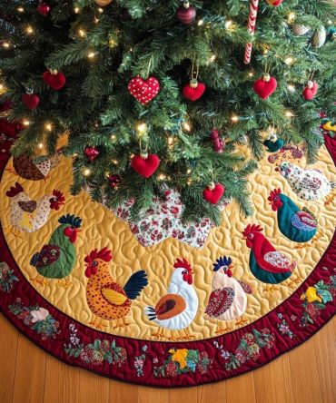 Barnyard Christmas Cluckers Tree Skirt — Custom Chicken & Rooster Holiday Skirt, Durable Fabric & Personalized Trim Options