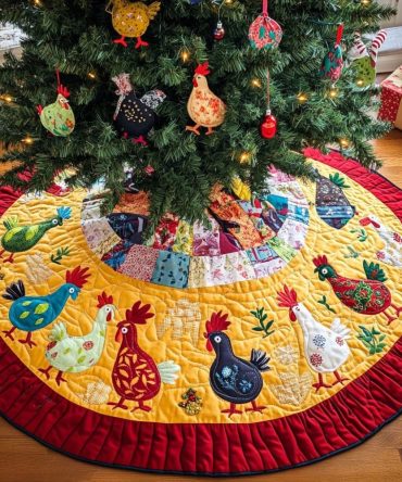 Golden Patchwork Folk Hens Christmas Tree Skirt – Handcrafted Warm Holiday Accent, Customizable & Gift-Ready