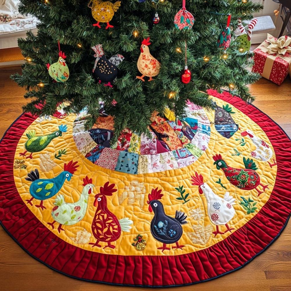 Golden Patchwork Folk Hens Christmas Tree Skirt – Handcrafted Warm Holiday Accent, Customizable & Gift-Ready