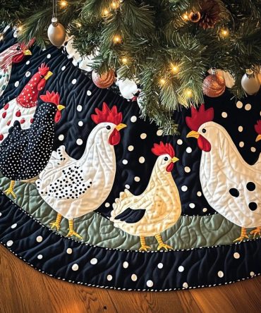 Charming Polka Dot Hens On Black Christmas Tree Skirt – Handmade Farmhouse Holiday Decor, Custom Sizes & Durable Fabric