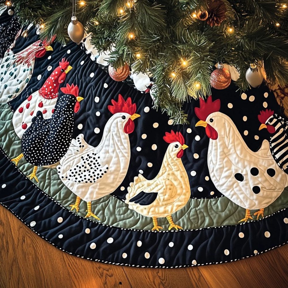 Charming Polka Dot Hens On Black Christmas Tree Skirt – Handmade Farmhouse Holiday Decor, Custom Sizes & Durable Fabric