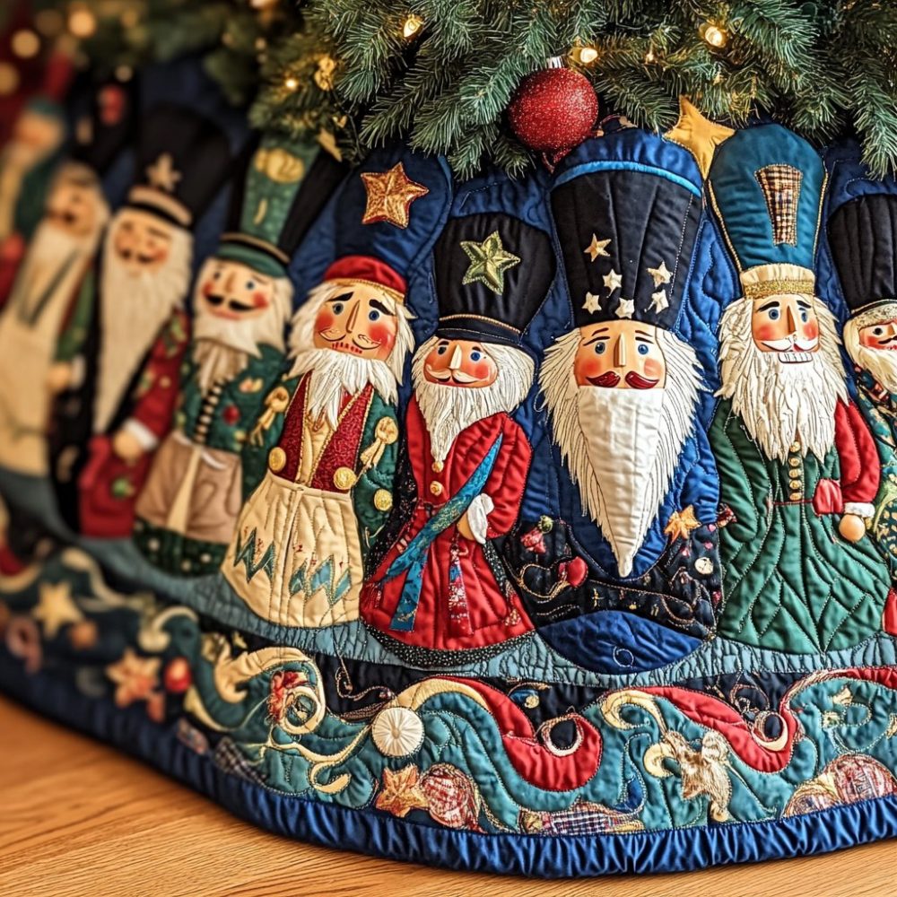 Classic Nutcrackers Christmas Tree Skirt — Handcrafted Festive Nutcracker Skirt, Quilted Backing & Custom Diameter Options