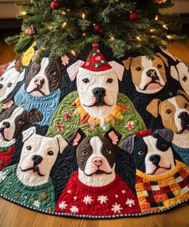 Playful Pitbull Pups Tree Skirt — Custom Pit Bull Holiday Skirt, Heavy-Duty Fabric & Machine Washable Design