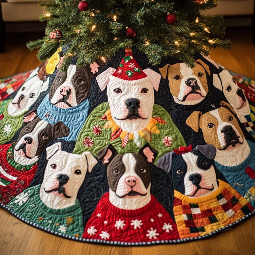 Playful Pitbull Pups Tree Skirt — Custom Pit Bull Holiday Skirt, Heavy-Duty Fabric & Machine Washable Design