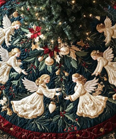Handcrafted Cherub Holiday Tree Skirt — Plush Quilted Christmas Tree Collar, Custom Sizes & Embroidered Trim