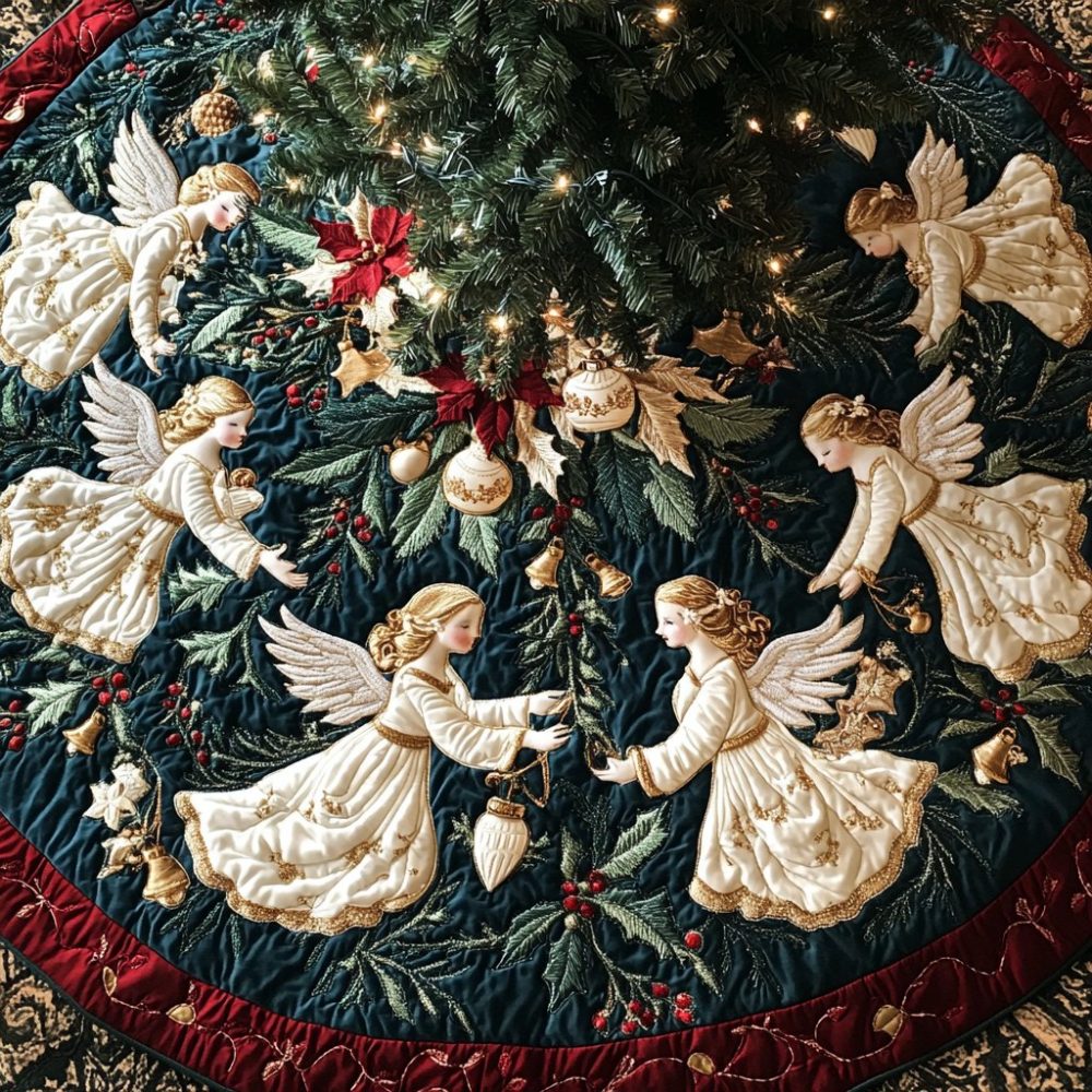 Handcrafted Cherub Holiday Tree Skirt — Plush Quilted Christmas Tree Collar, Custom Sizes & Embroidered Trim