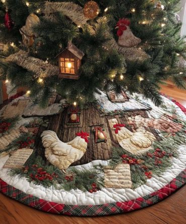 Chicken Choir Night Holiday Tree Skirt — Handmade Farmhouse Christmas Skirt With Whimsical Chicken Design, Made-To-Order Seasonal Decor