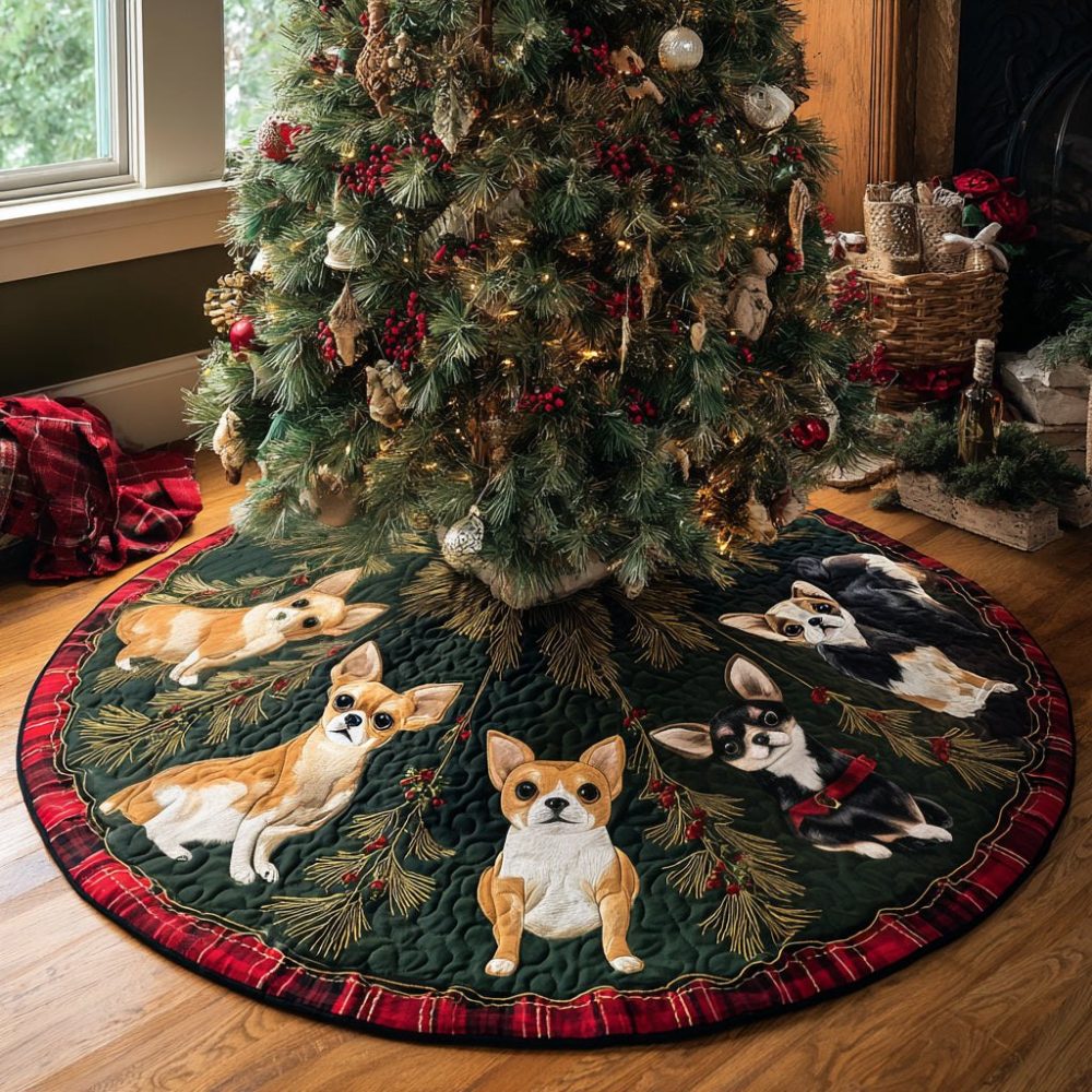 Chihuahua Delight Holiday Tree Skirt - Charming Dog-Themed Christmas Skirt, Customizable, Soft Felt & Velvet, Handmade & Made To Order