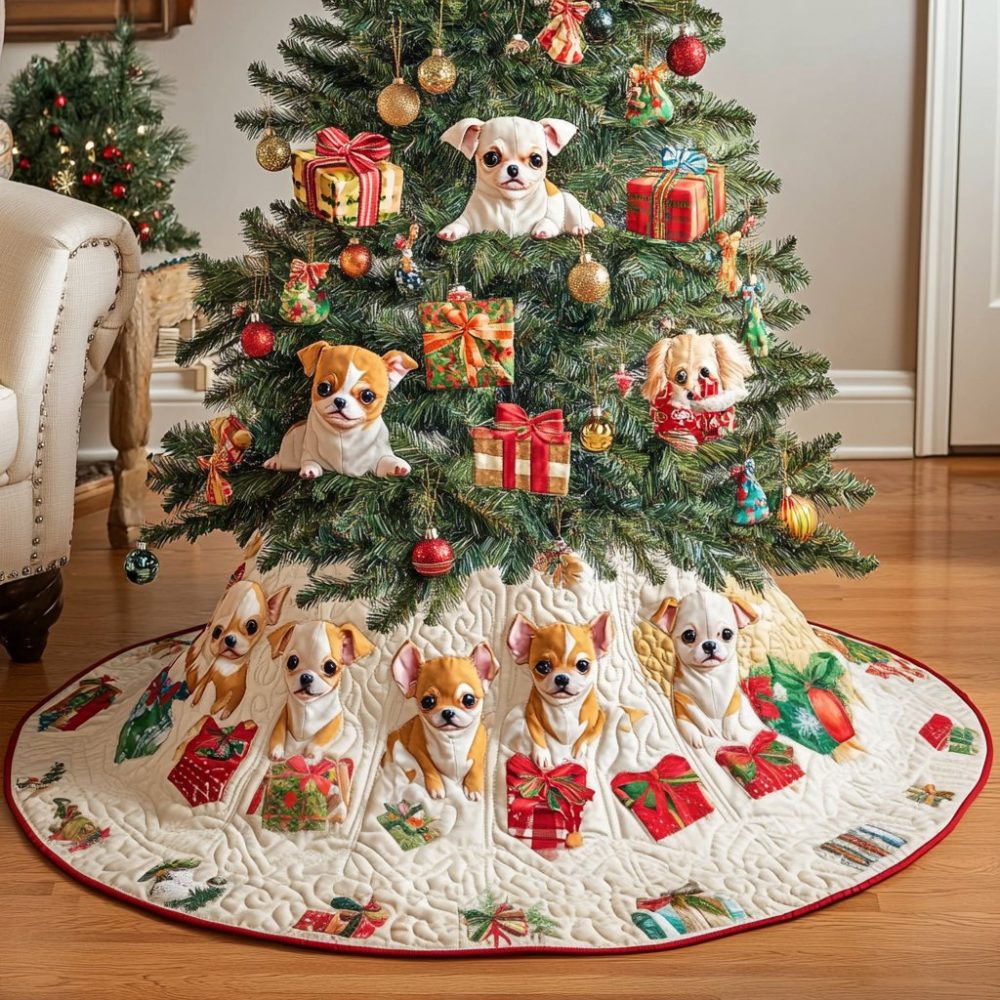 Personalized Chihuahua Christmas Tree Skirt — Made-To-Order Dog Lover Holiday Skirt, Soft Fabric Base Cover For Small Trees & Gifts