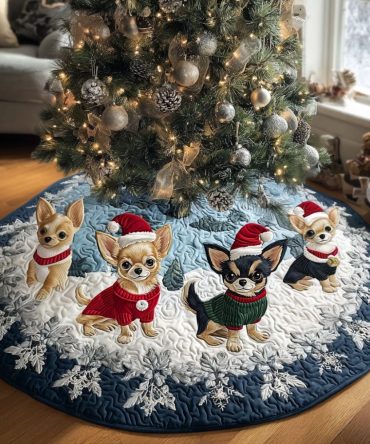 Chihuahua Glow Christmas Tree Skirt - Luminous Holiday Dog Skirt, Premium Fabric, Personalized Embroidery, Handmade, Made To Order