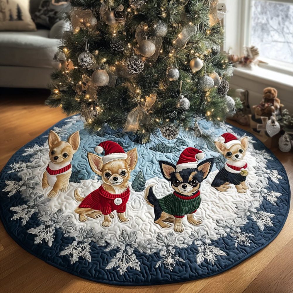 Chihuahua Glow Christmas Tree Skirt - Luminous Holiday Dog Skirt, Premium Fabric, Personalized Embroidery, Handmade, Made To Order
