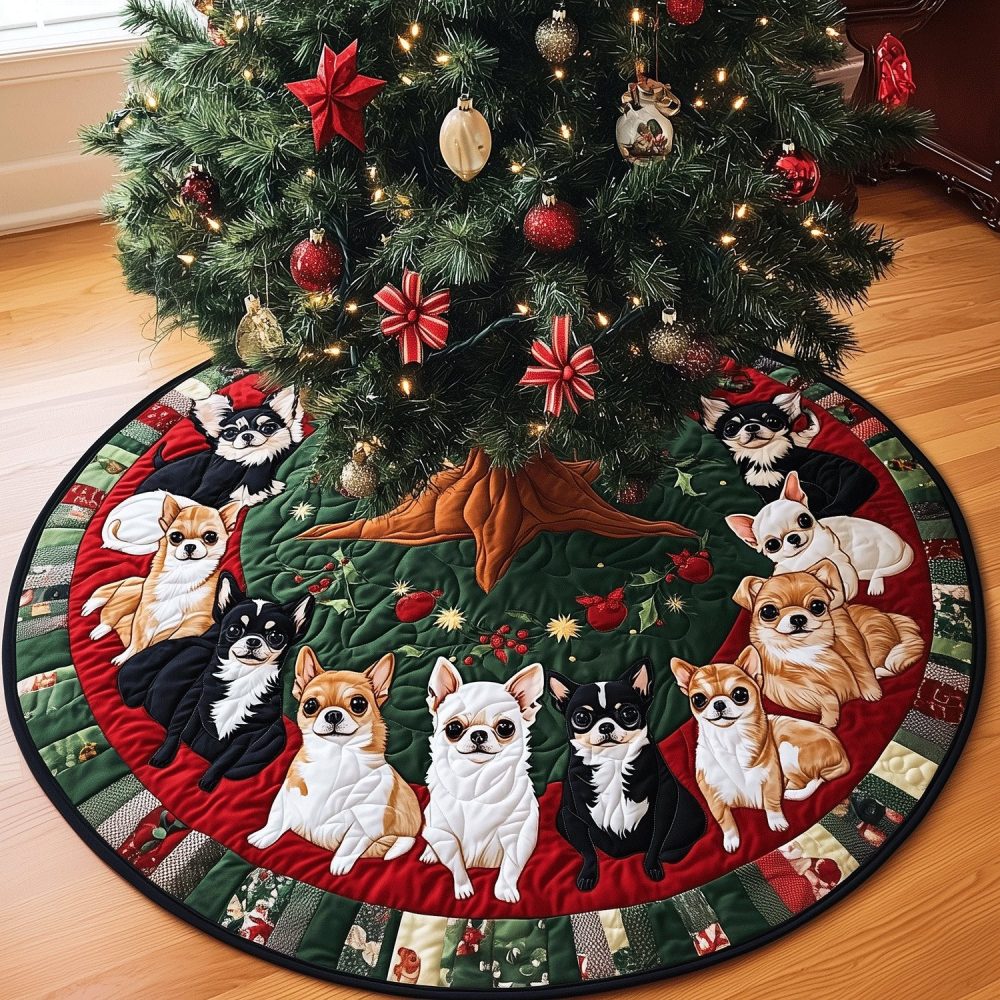 Chihuahua Holiday Spirit Tree Skirt - Festive Pet Christmas Decor, Custom Size & Name Options, Handmade & Made To Order