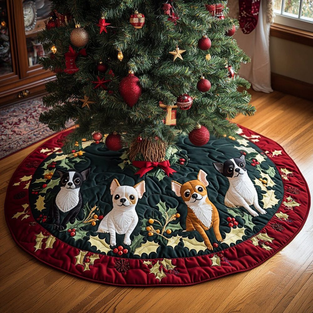Chihuahua Miracle Christmas Tree Skirt - Heartwarming Dog-Themed Holiday Skirt, Custom Embroidered, Handcrafted & Made To Order
