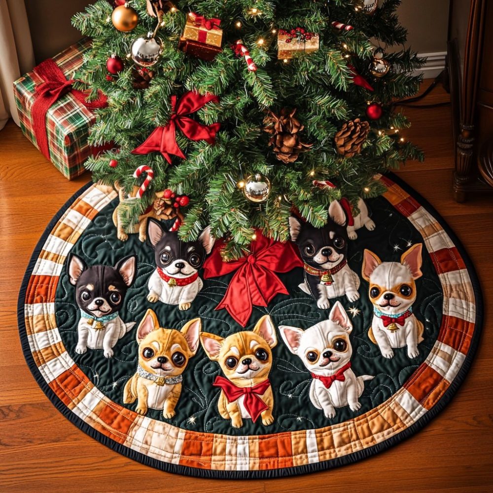 Noel Wishes Chihuahua Christmas Tree Skirt - Personalized Holiday Pet Skirt, Elegant Festive Design, Handmade Custom Order