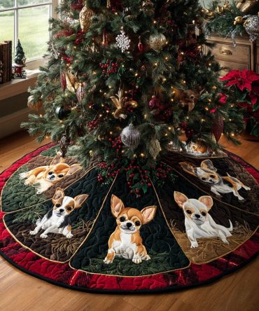 Chihuahua Warmth Holiday Tree Skirt - Cozy Dog Christmas Skirt, Insulated-Look Soft Materials, Custom Personalization, Handmade & Made To Order