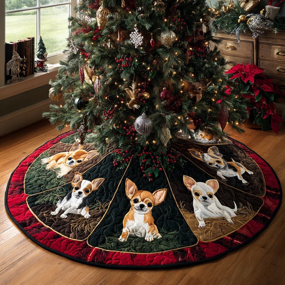 Chihuahua Warmth Holiday Tree Skirt - Cozy Dog Christmas Skirt, Insulated-Look Soft Materials, Custom Personalization, Handmade & Made To Order