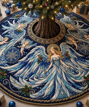 Classic Christmas Angel Tree Skirt — Custom Embroidered Holiday Base Cover, Soft Luxury Fabric, Personalized Sizes & Trim Options