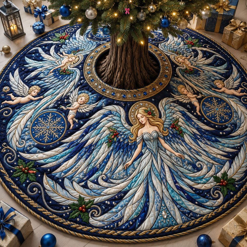 Classic Christmas Angel Tree Skirt — Custom Embroidered Holiday Base Cover, Soft Luxury Fabric, Personalized Sizes & Trim Options