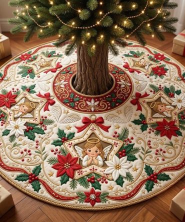 Star & Angel Holiday Tree Skirt — Handcrafted Festive Base Cover With Star Motif, Custom Sizes, Premium Fabric For Elegant Christmas Display